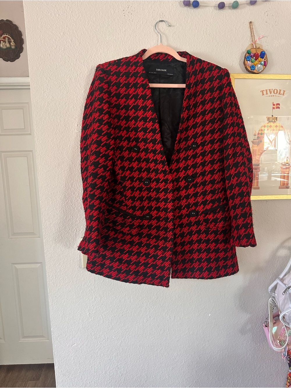 Zara Basic L Red and Black Houndstooth Blazer